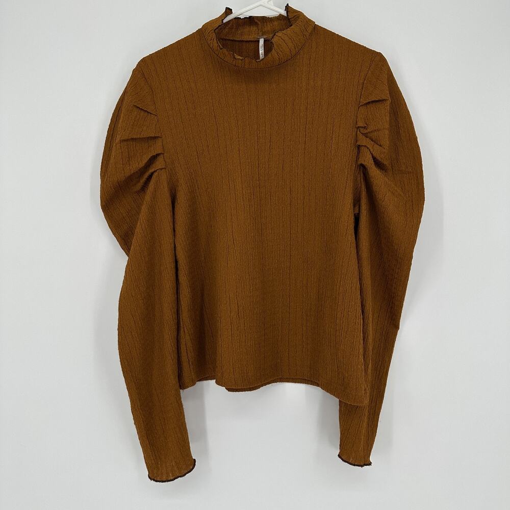 Free People Sweater Womens Large Brown Textured Puff Sleeve High Neck Boho Top - Picture 6 of 14